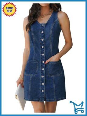 Sleeveless Denim Dress Button Down Scoop Neck Casual Summer
